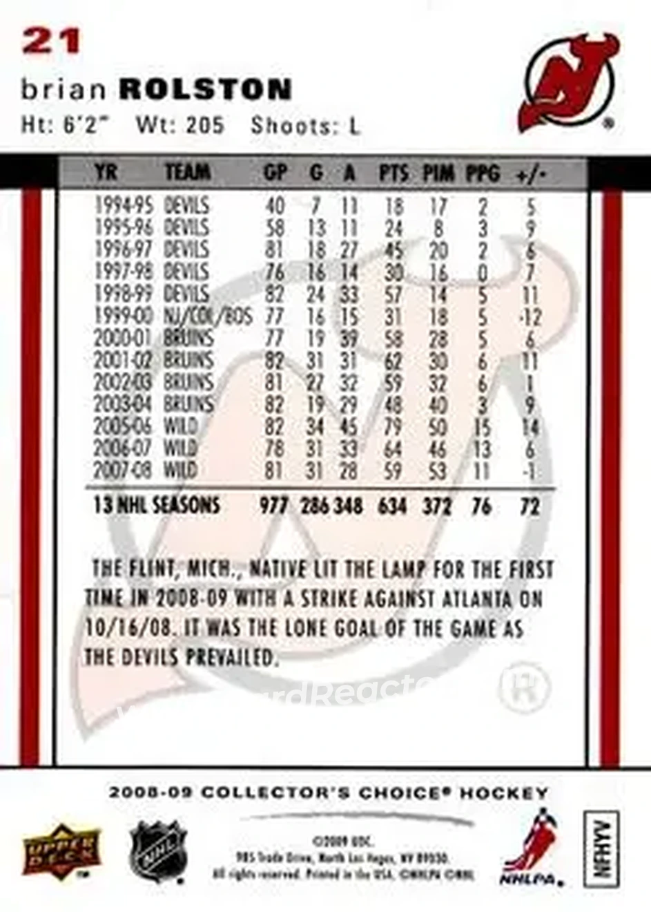 2008-09 Collector's Choice #21 - Brian Rolston - New Jersey Devils - Back