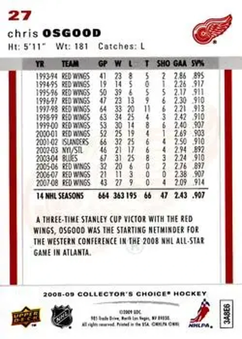 2008-09 Collector's Choice #27 - Chris Osgood - Detroit Red Wings - Back