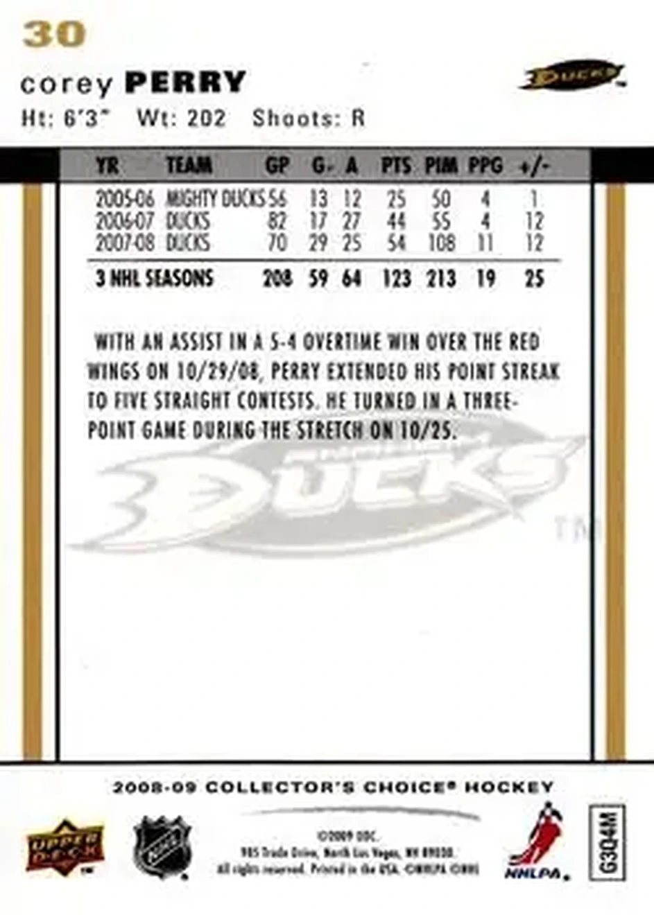 2008-09 Collector's Choice #30 - Corey Perry - Anaheim Ducks - Back 2008-09 Collector's Choice #30 - Corey Perry - Anaheim Ducks - Back