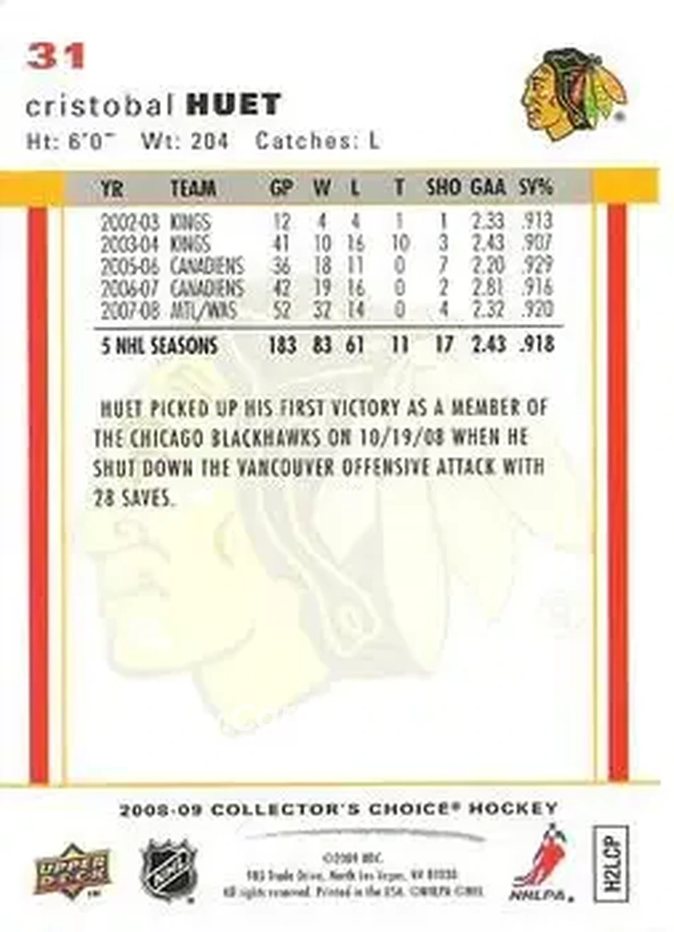 2008-09 Collector's Choice #31 - Cristobal Huet - Chicago Blackhawks - Back