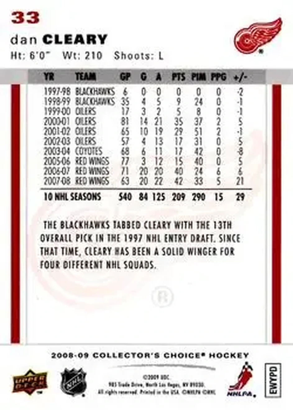 2008-09 Collector's Choice #33 - Daniel Cleary - Detroit Red Wings - Back
