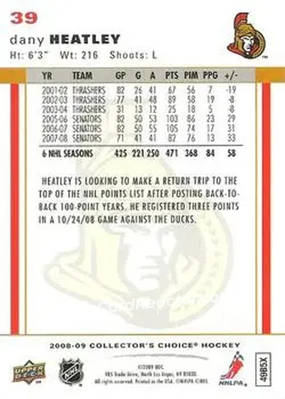 2008-09 Collector's Choice #39 - Dany Heatley - Ottawa Senators - Back
