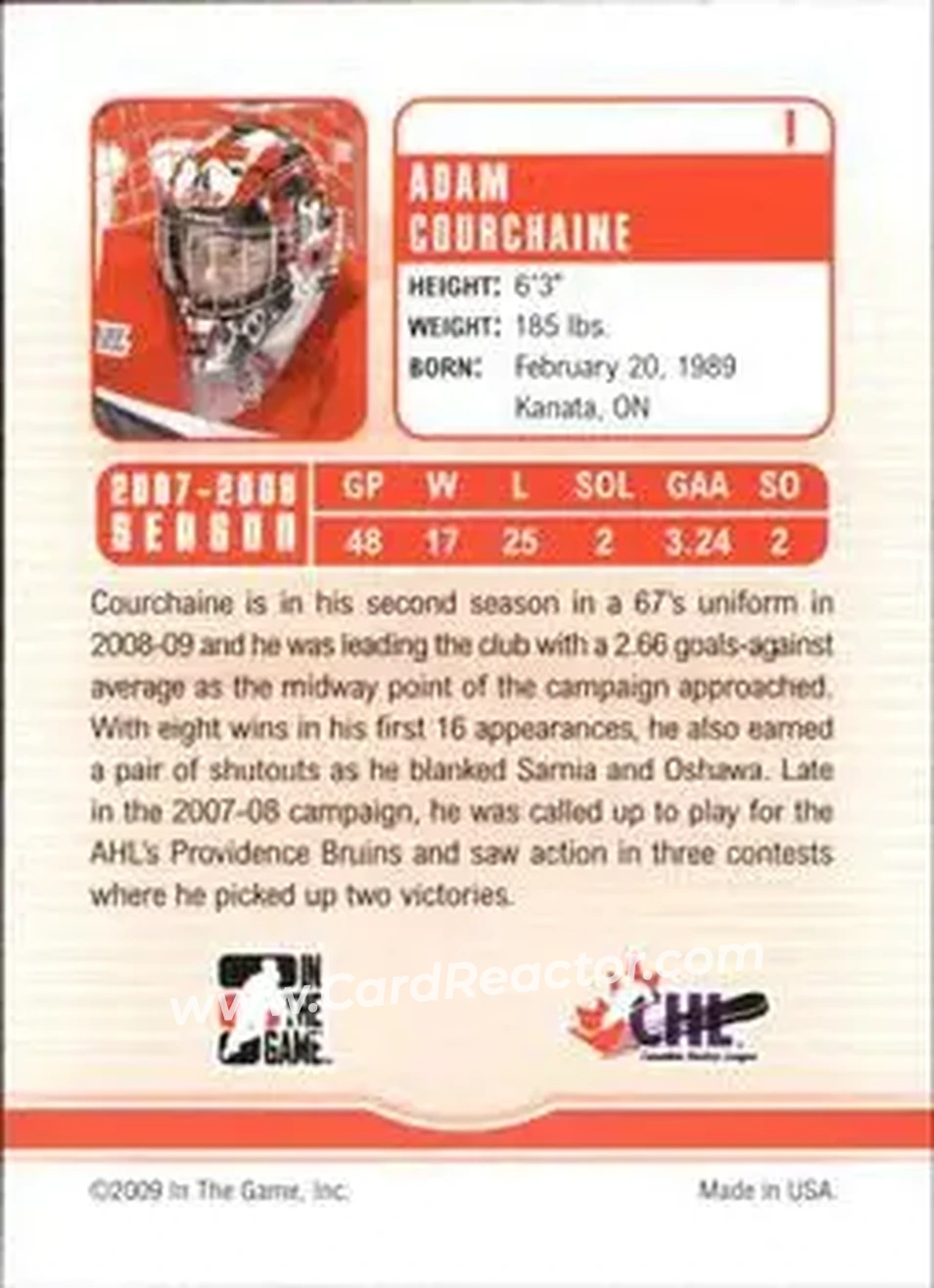 2008-09 In The Game Between The Pipes #1 - Adam Courchaine - Ottawa 67's - Back
