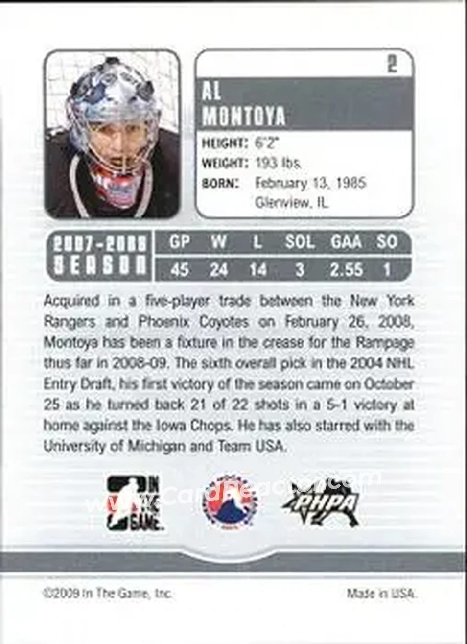 2008-09 In The Game Between The Pipes #2 - Al Montoya - San Antonio Rampage - Back