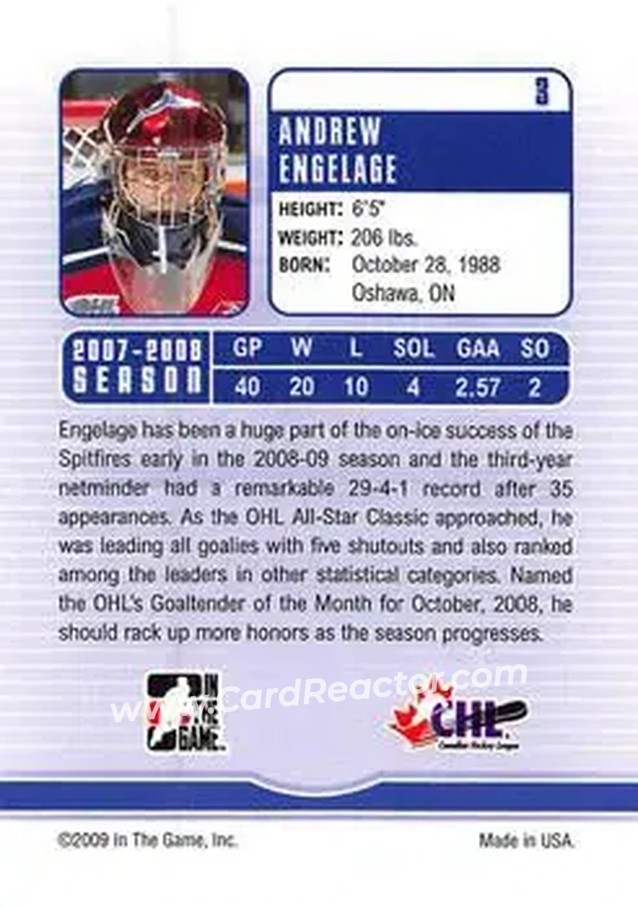 2008-09 In The Game Between The Pipes #3 - Andrew Engelage - Windsor Spitfires - Back