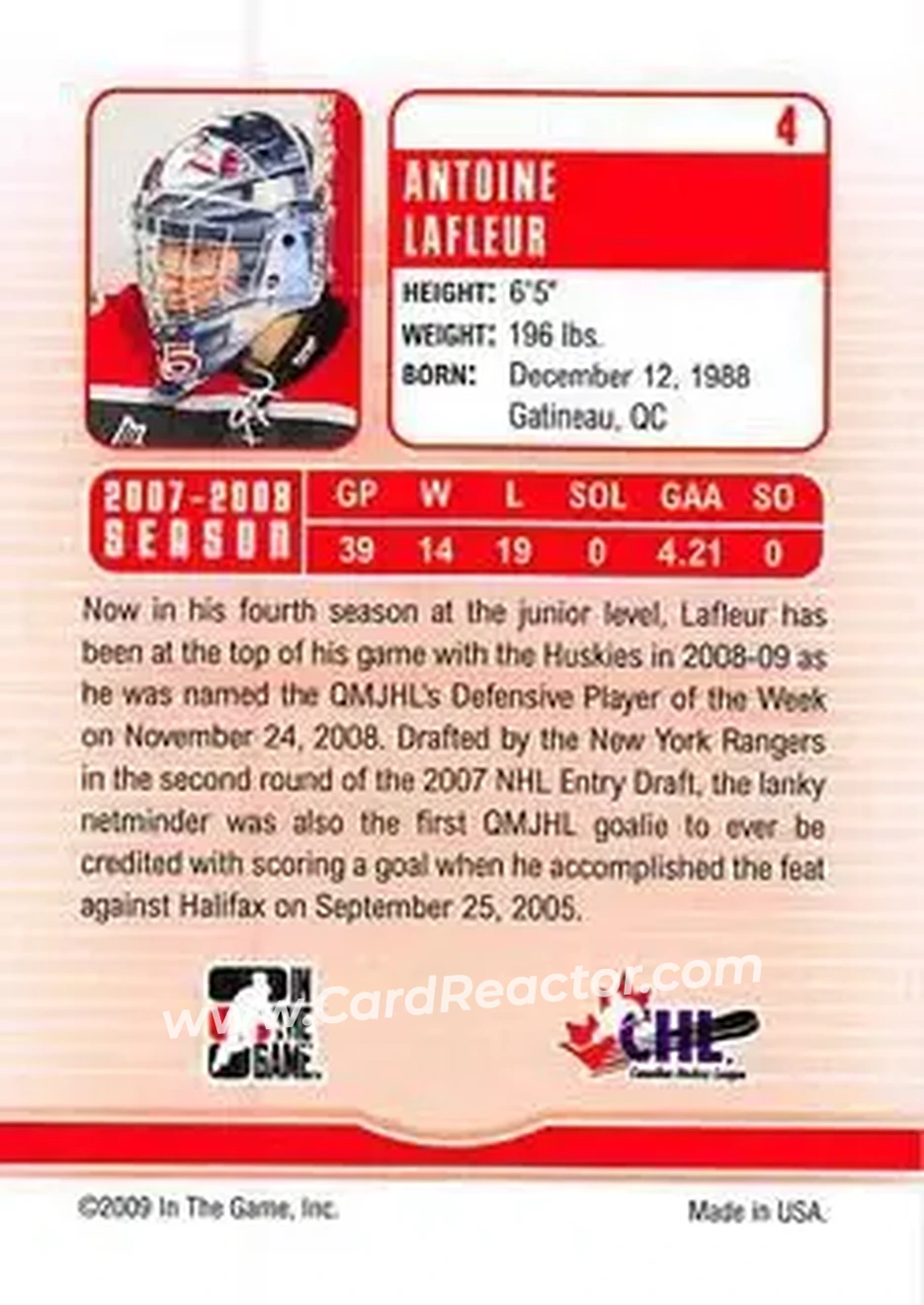 2008-09 In The Game Between The Pipes #4 - Antoine Lafleur - Rouyn-Noranda Huskies - Back