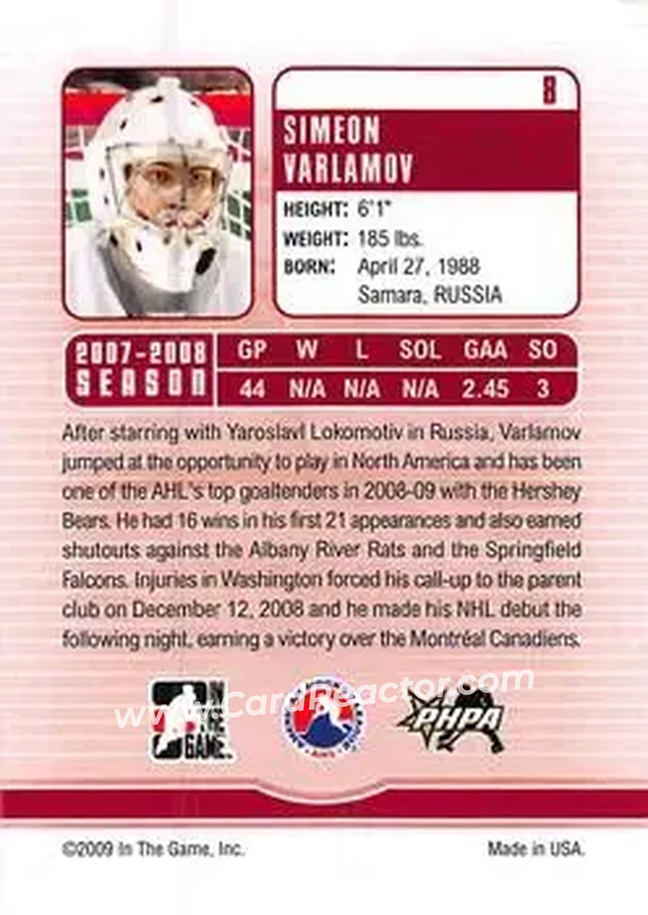 2008-09 In The Game Between The Pipes #8 - Semyon Varlamov - Hershey Bears - Back
