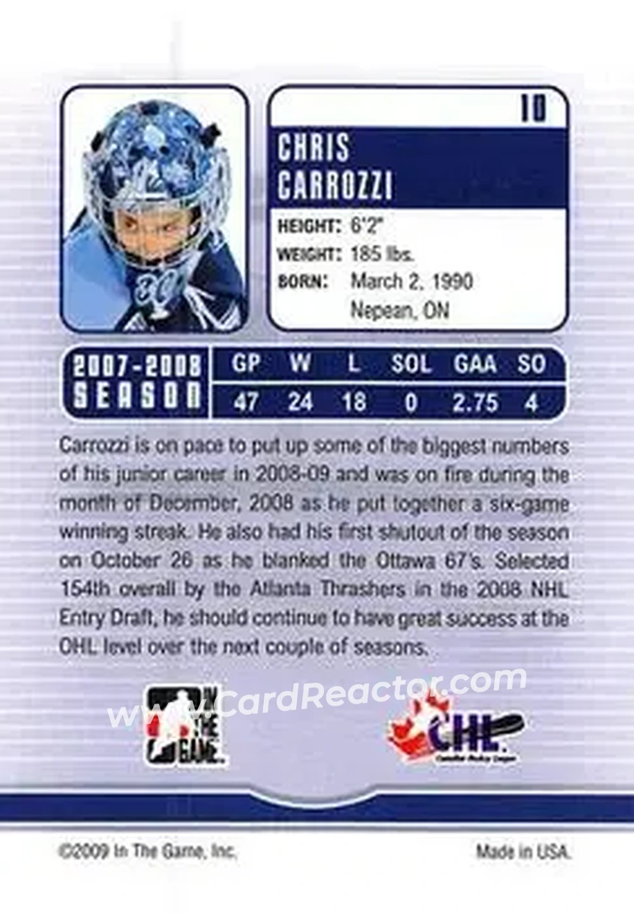 2008-09 In The Game Between The Pipes #10 - Chris Carrozzi - Mississauga St. Michael's Majors - Back