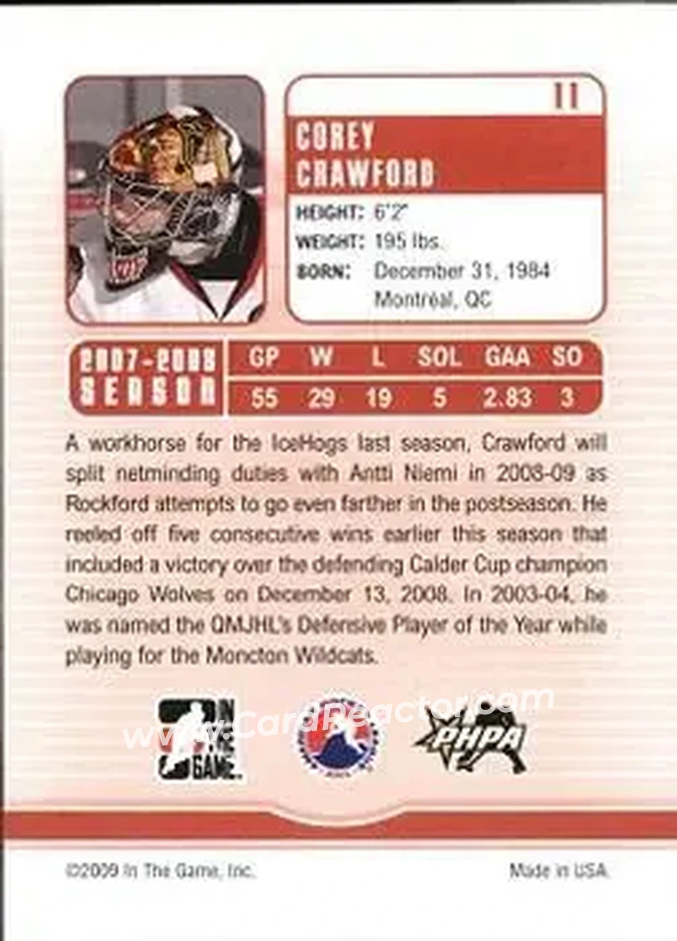 2008-09 In The Game Between The Pipes #11 - Corey Crawford - Rockford IceHogs - Back