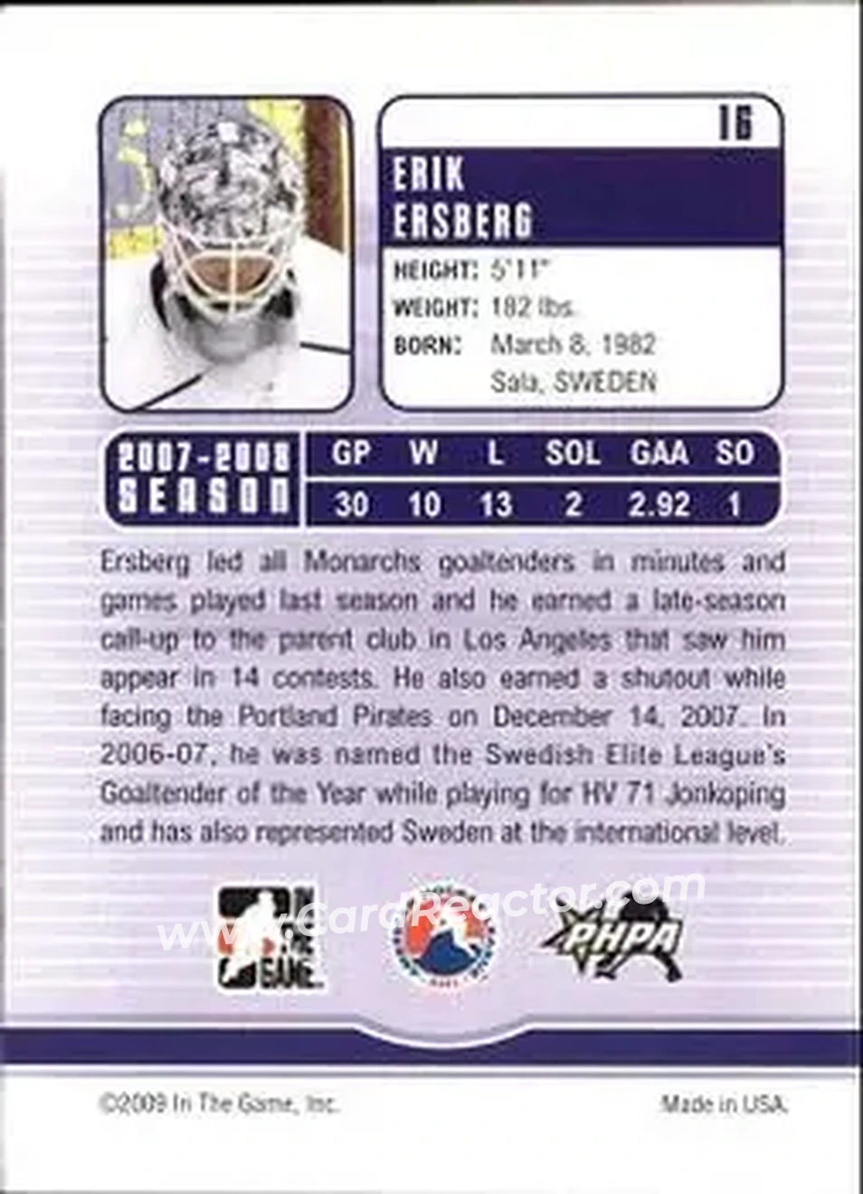 2008-09 In The Game Between The Pipes #16 - Erik Ersberg - Manchester Monarchs - Back