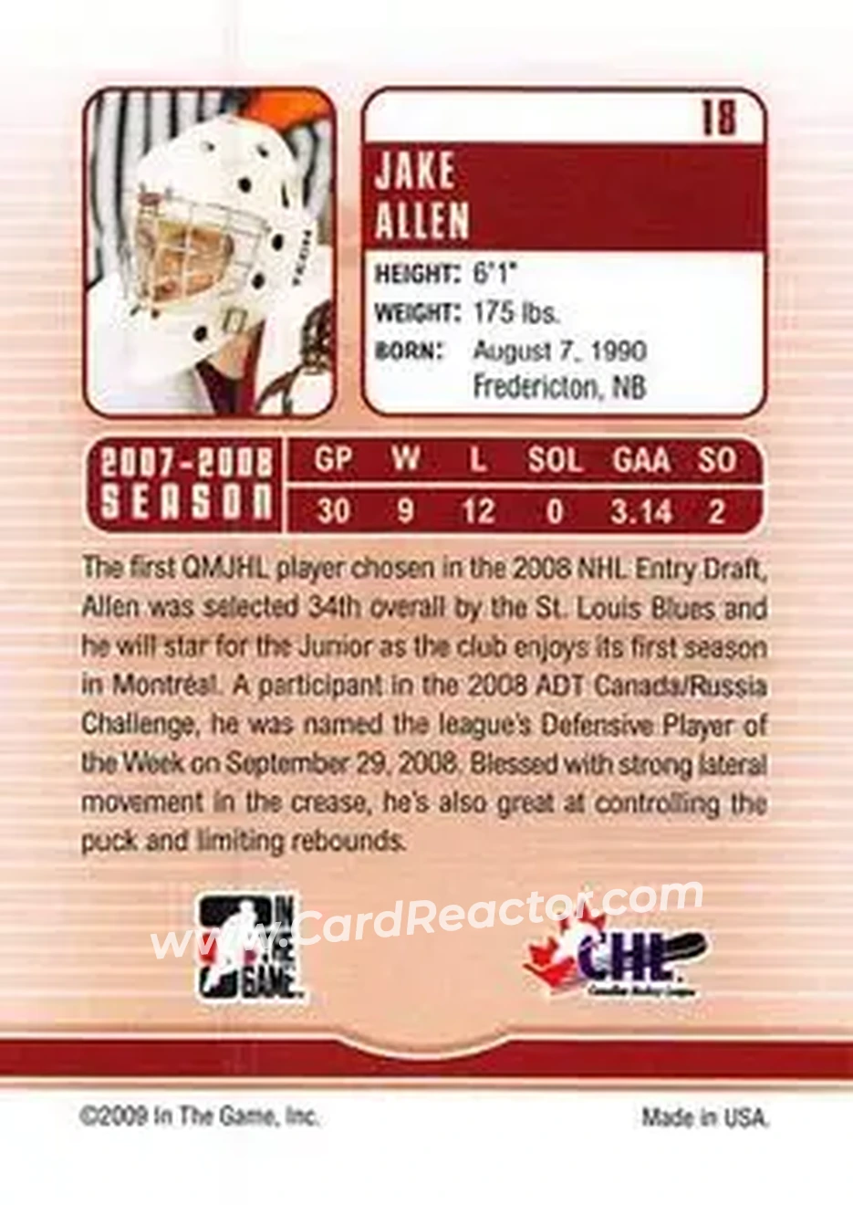 2008-09 In The Game Between The Pipes #18 - Jake Allen - Montreal Juniors - Back