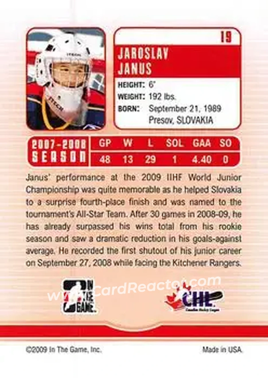 2008-09 In The Game Between The Pipes #19 - Jaroslav Janus - Erie Otters - Back