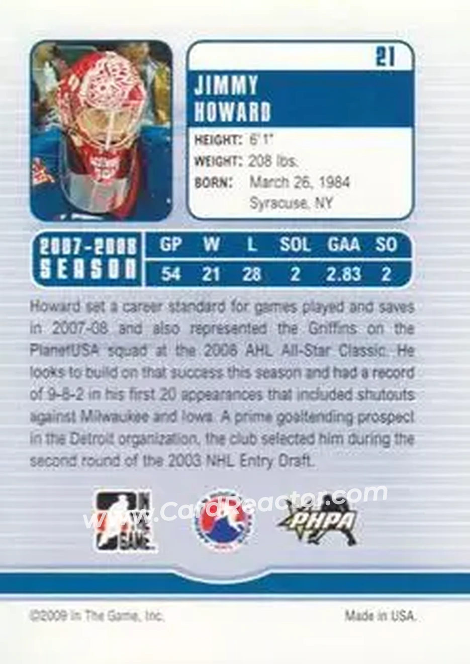 2008-09 In The Game Between The Pipes #21 - Jimmy Howard - Grand Rapids Griffins - Back
