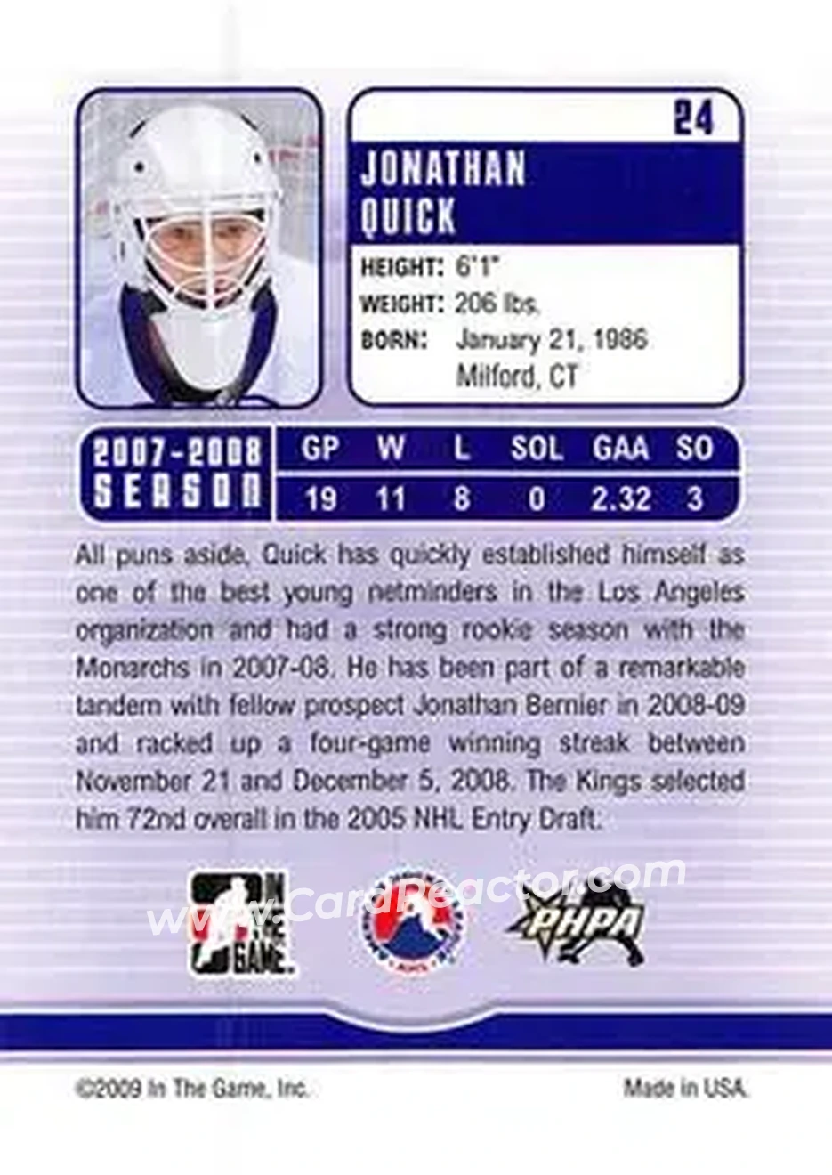 2008-09 In The Game Between The Pipes #24 - Jonathan Quick - Manchester Monarchs - Back