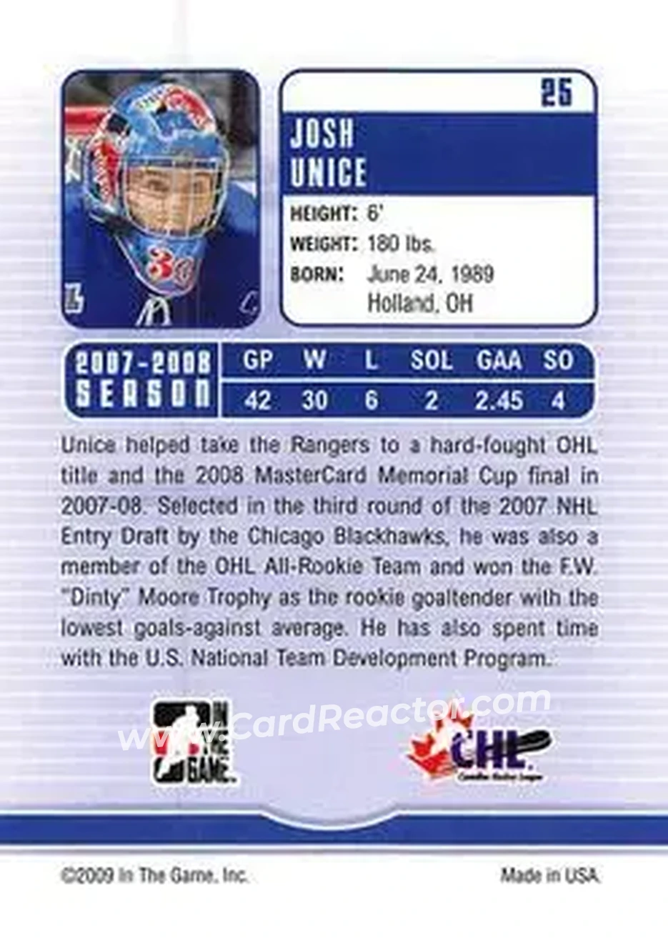 2008-09 In The Game Between The Pipes #25 - Josh Unice - Kitchener Rangers - Back