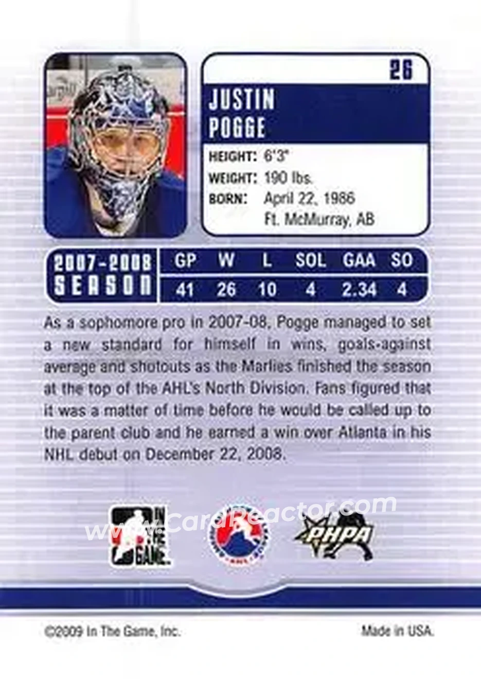 2008-09 In The Game Between The Pipes #26 - Justin Pogge - Toronto Marlies - Back