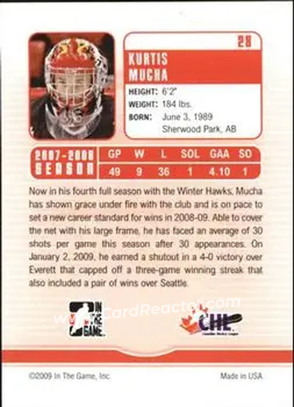 2008-09 In The Game Between The Pipes #28 - Kurtis Mucha - Portland Winterhawks - Back