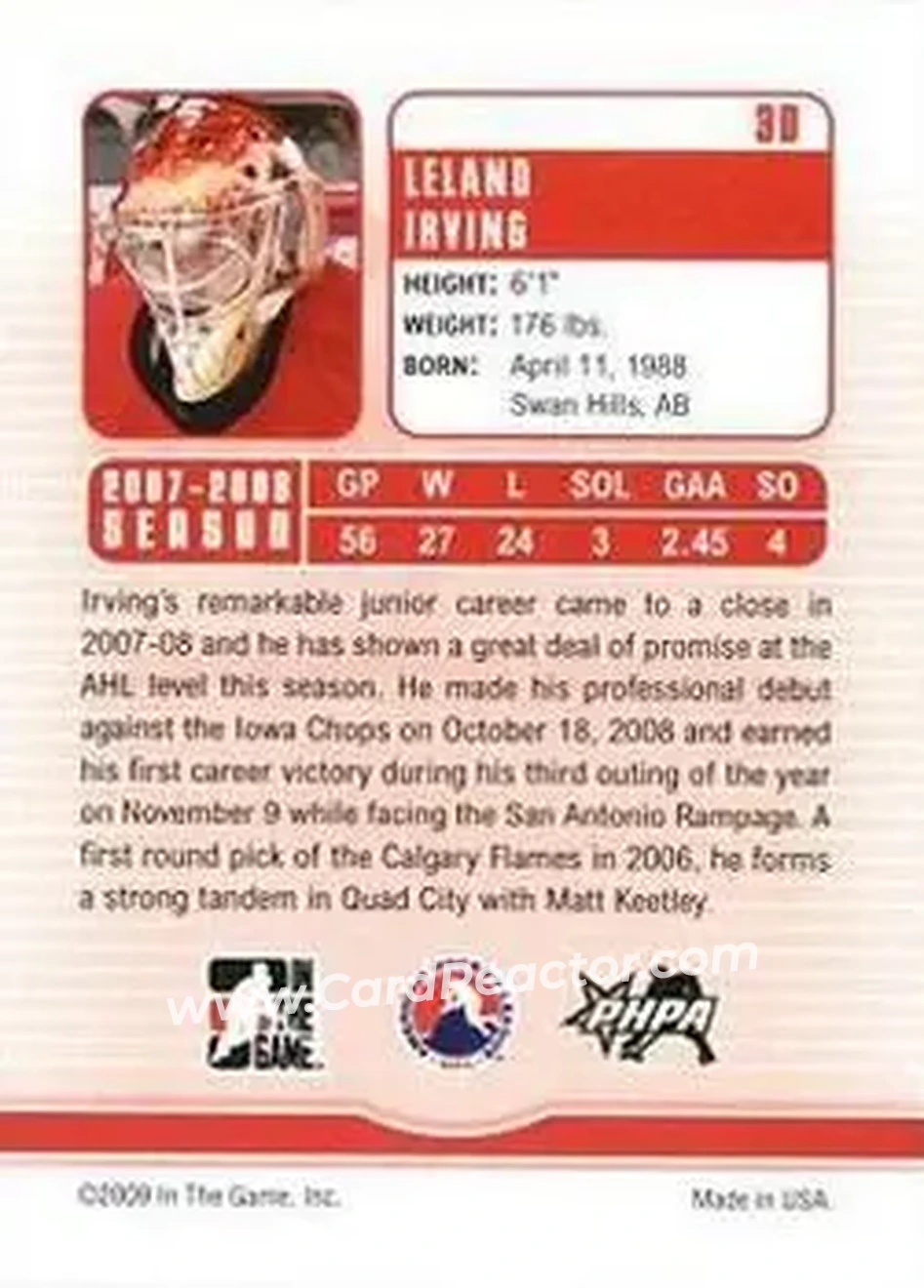 2008-09 In The Game Between The Pipes #30 - Leland Irving - Quad City Flames - Back