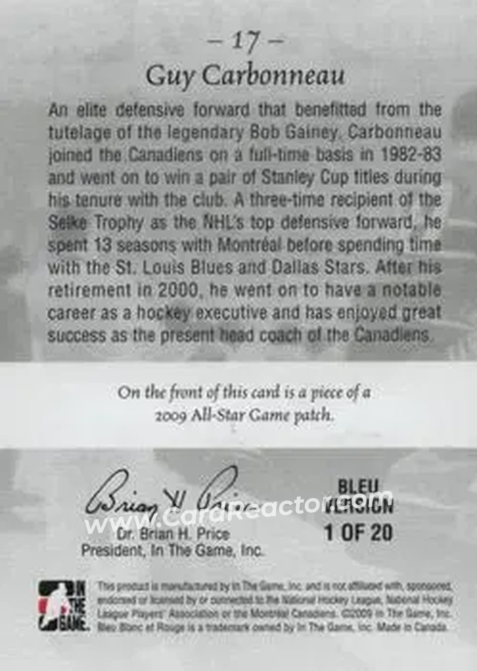2008-09 In The Game Bleu Blanc et Rouge #17 - Guy Carbonneau - Montreal Canadiens - Back
