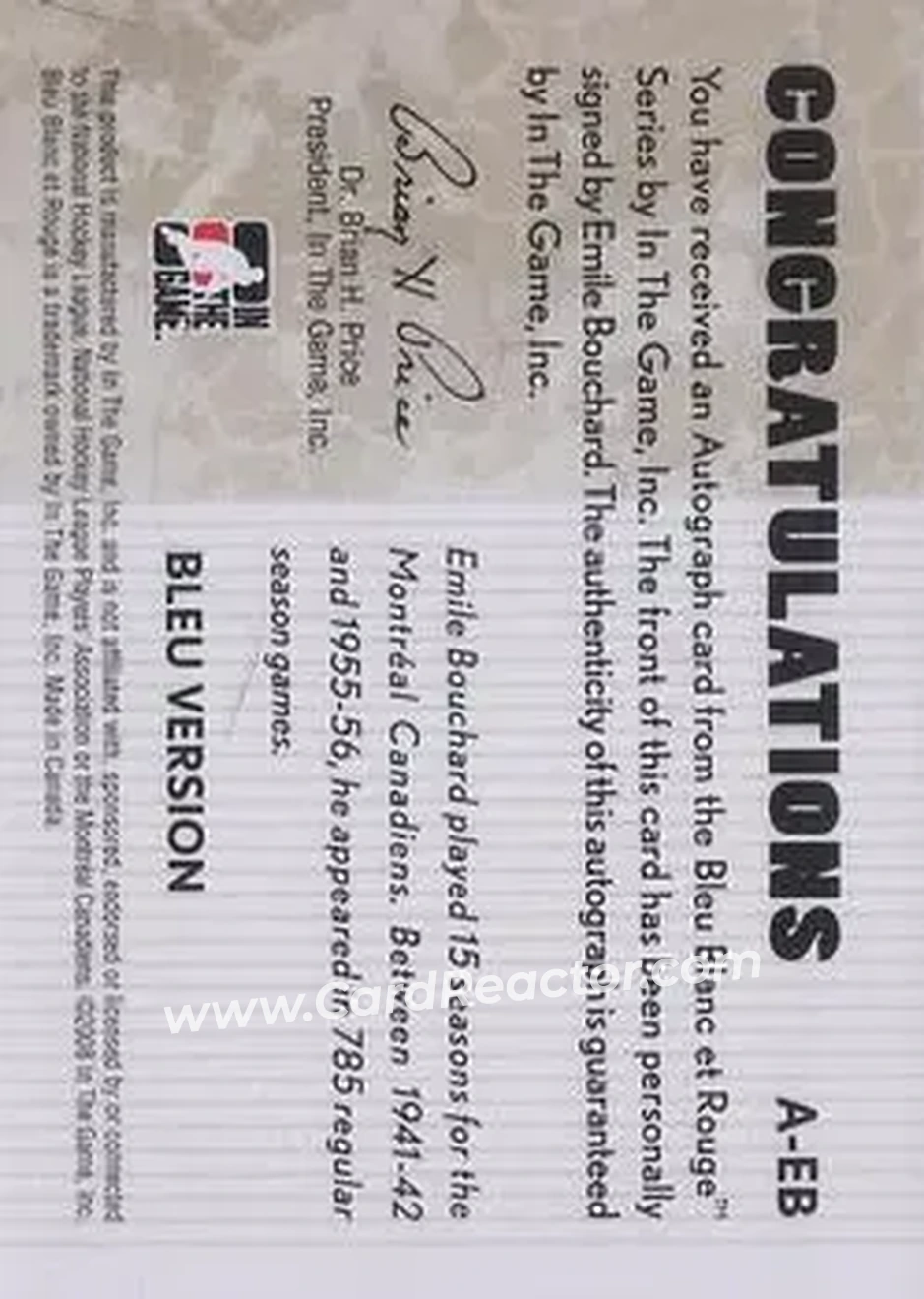 2008-09 In The Game Bleu Blanc et Rouge - Autographs #A-EB - Emile Bouchard - Montreal Canadiens - Back 2008-09 In The Game Bleu Blanc et Rouge - Autographs #A-EB - Emile Bouchard - Montreal Canadiens - Back
