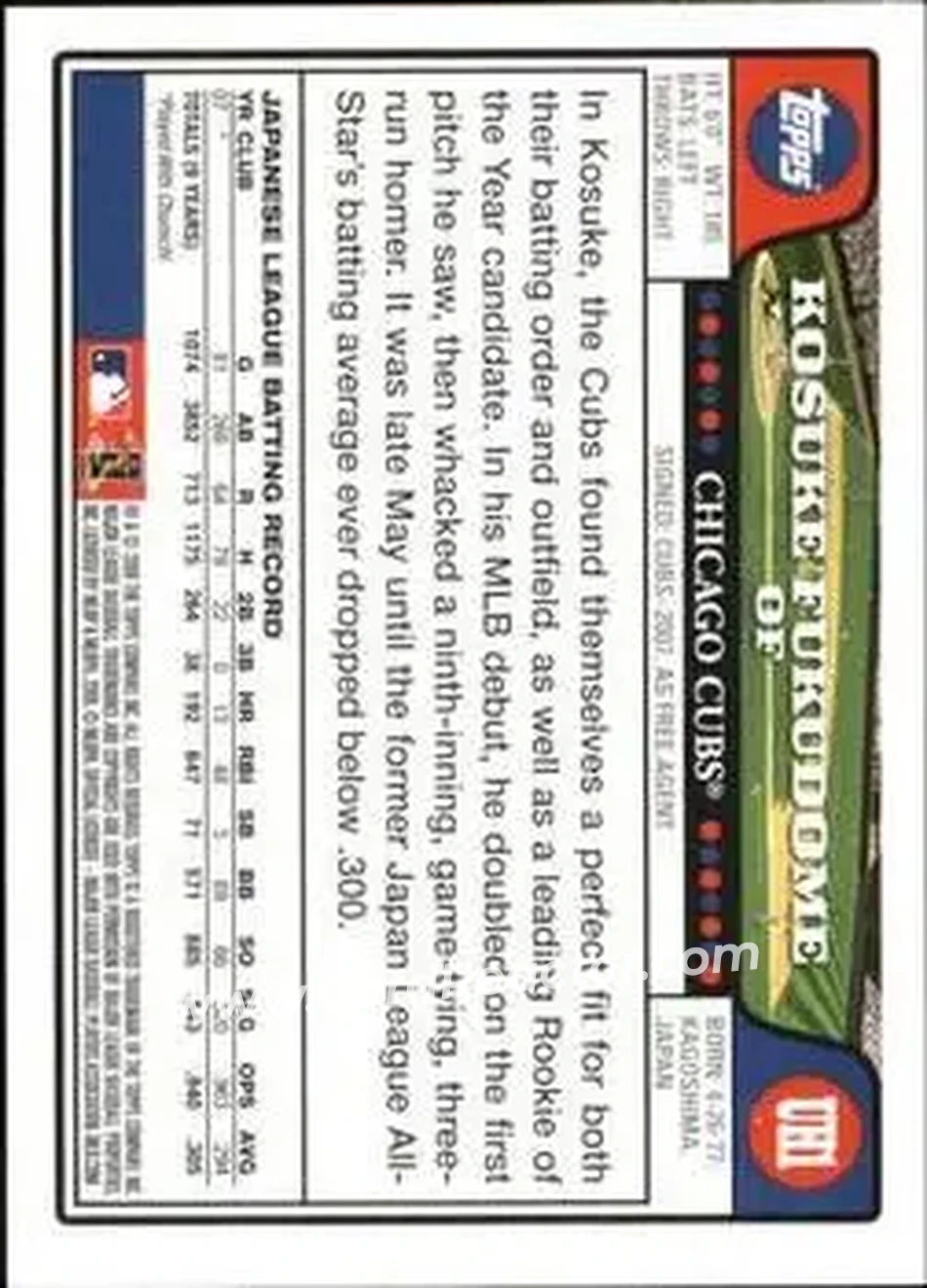 2008 Topps Updates & Highlights #UH1b - Kosuke Fukudome - Chicago Cubs - Back
