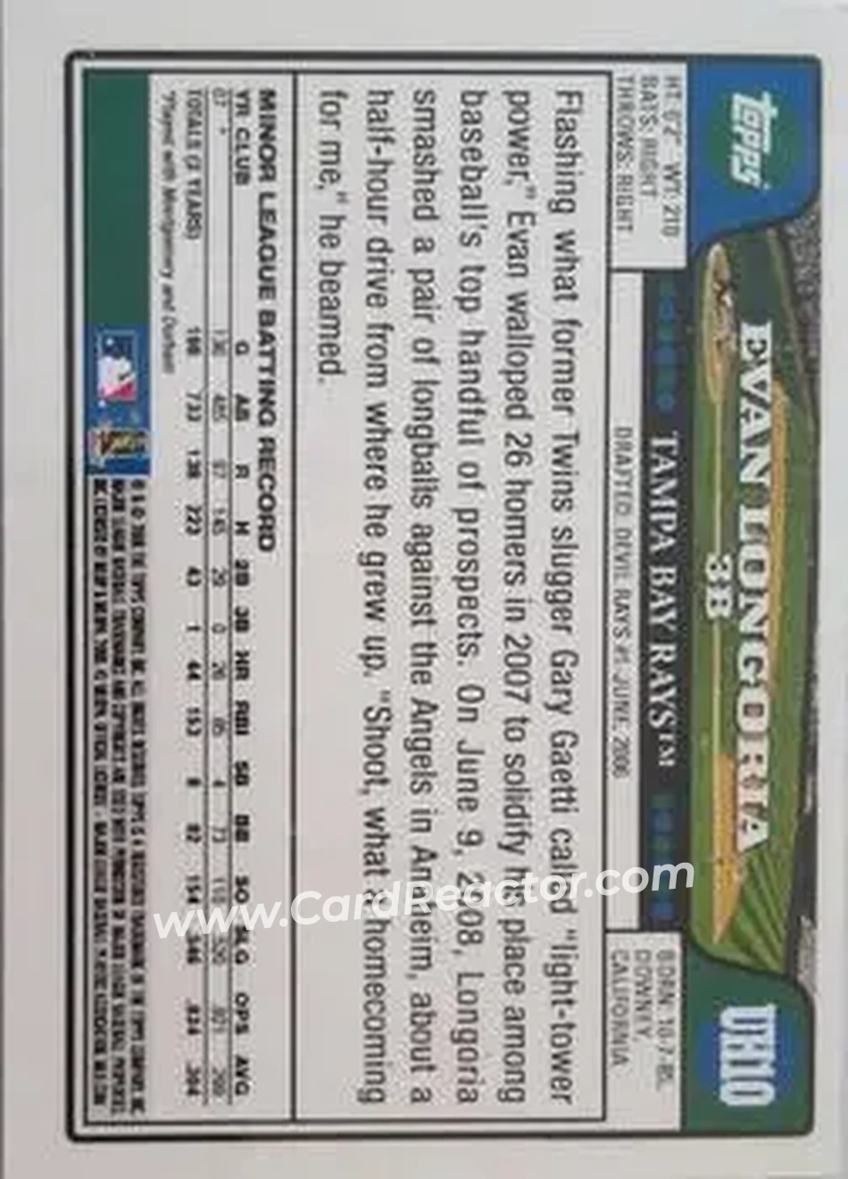 2008 Topps Updates & Highlights #UH10b - Evan Longoria - Tampa Bay Rays - Back
