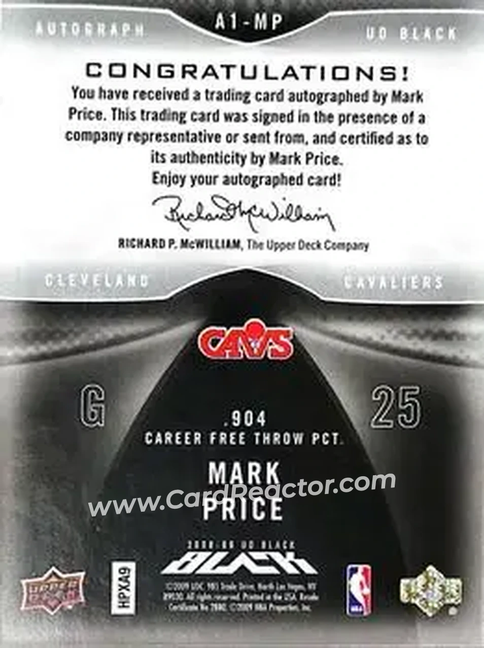 2008-09 UD Black - Autographs #A1-MP - Mark Price - Cleveland Cavaliers - Back
