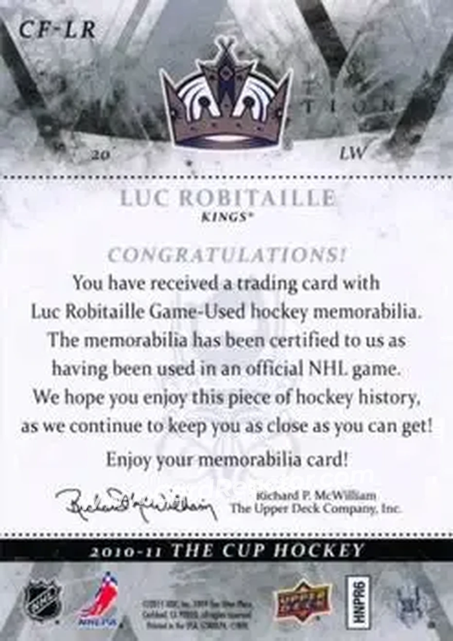 2010-11 Upper Deck The Cup - Foundations Jerseys #CF-LR - Luc Robitaille - Los Angeles Kings - Back