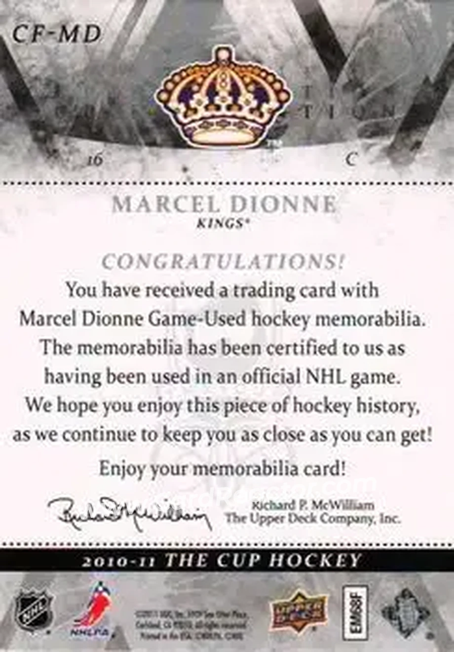 2010-11 Upper Deck The Cup - Foundations Jerseys #CF-MD - Marcel Dionne - Los Angeles Kings - Back