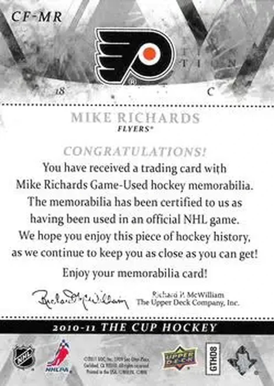 2010-11 Upper Deck The Cup - Foundations Jerseys #CF-MR - Mike Richards - Philadelphia Flyers - Back