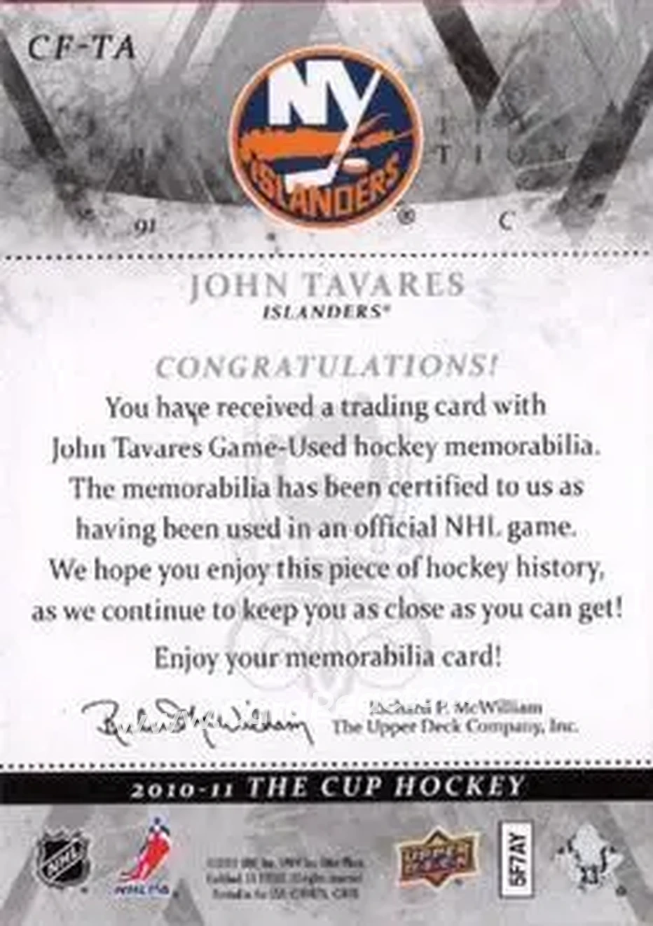 2010-11 Upper Deck The Cup - Foundations Jerseys #CF-TA - John Tavares - New York Islanders - Back