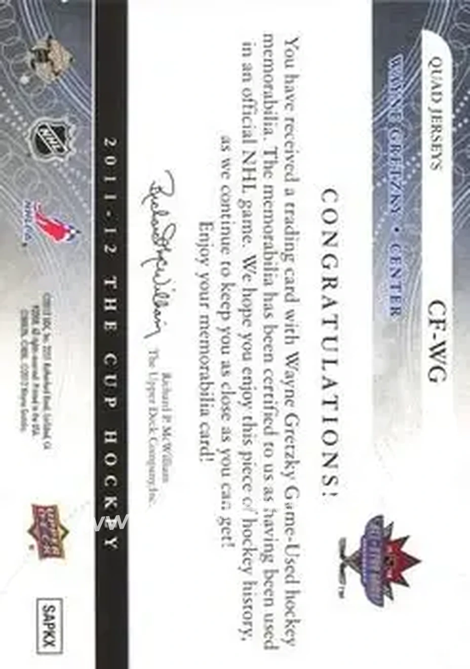 2010-11 Upper Deck The Cup - Foundations Jerseys #CF-WG - Wayne Gretzky - New York Rangers - Back 2010-11 Upper Deck The Cup - Foundations Jerseys #CF-WG - Wayne Gretzky - New York Rangers - Back