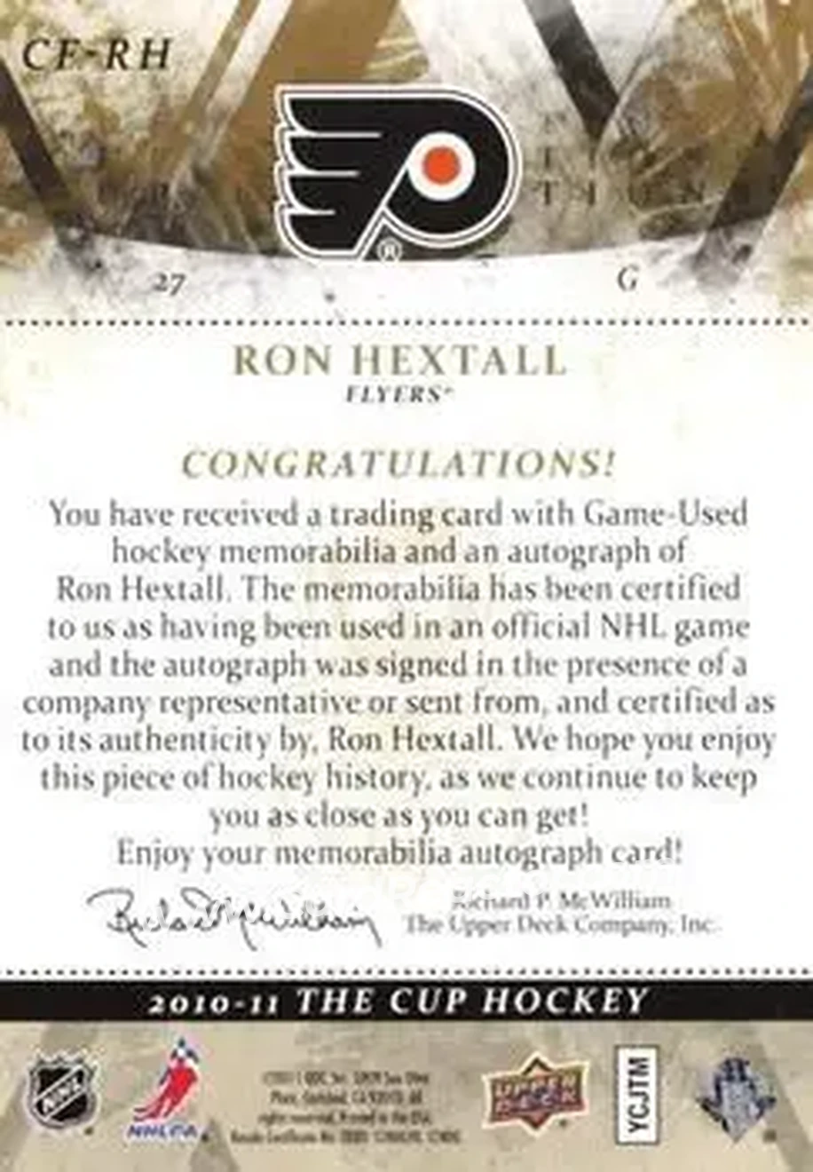 2010-11 Upper Deck The Cup - Foundations Jerseys Autographs #CF-RH - Ron Hextall - Philadelphia Flyers - Back