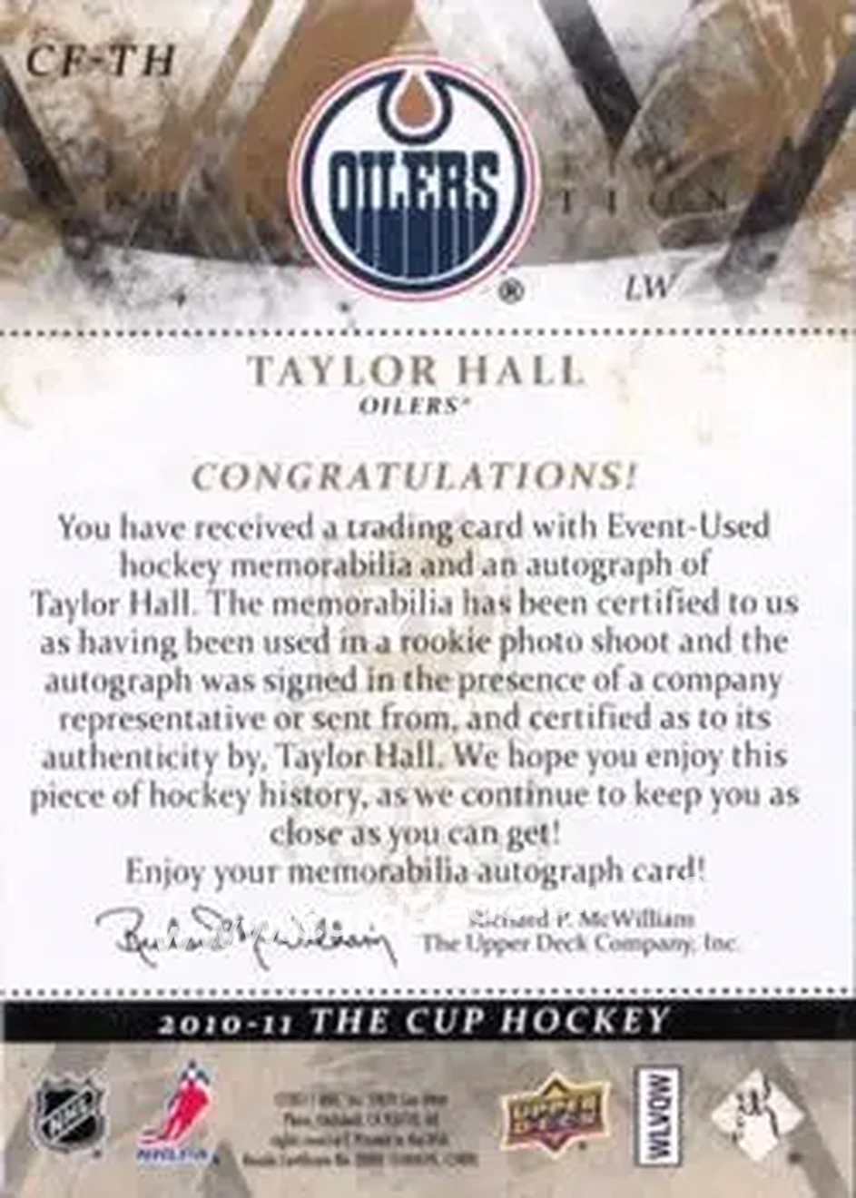 2010-11 Upper Deck The Cup - Foundations Jerseys Autographs #CF-TH - Taylor Hall - Edmonton Oilers - Back