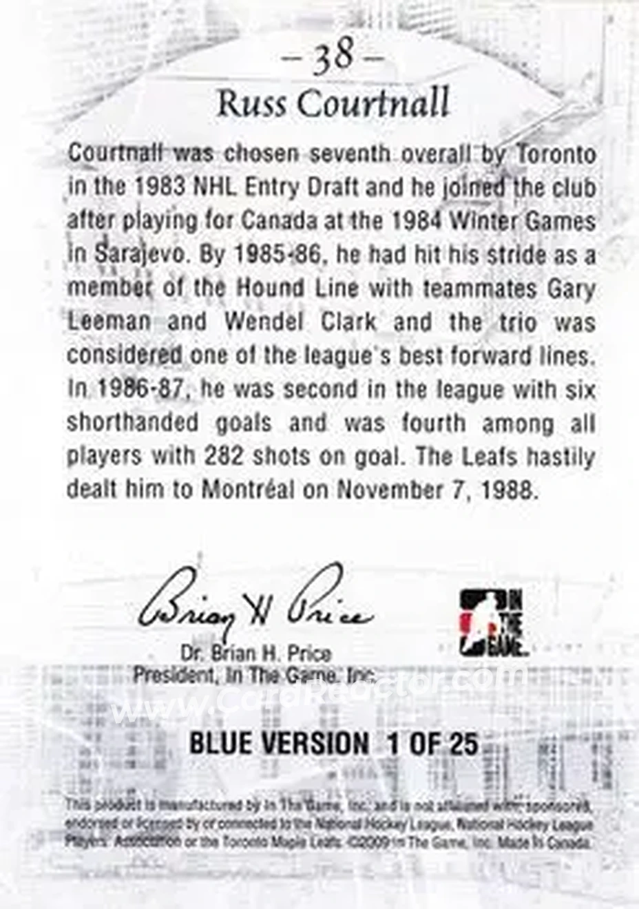 2008-09 In The Game Superlative Franchise #38 - Russ Courtnall - Toronto Maple Leafs - Back