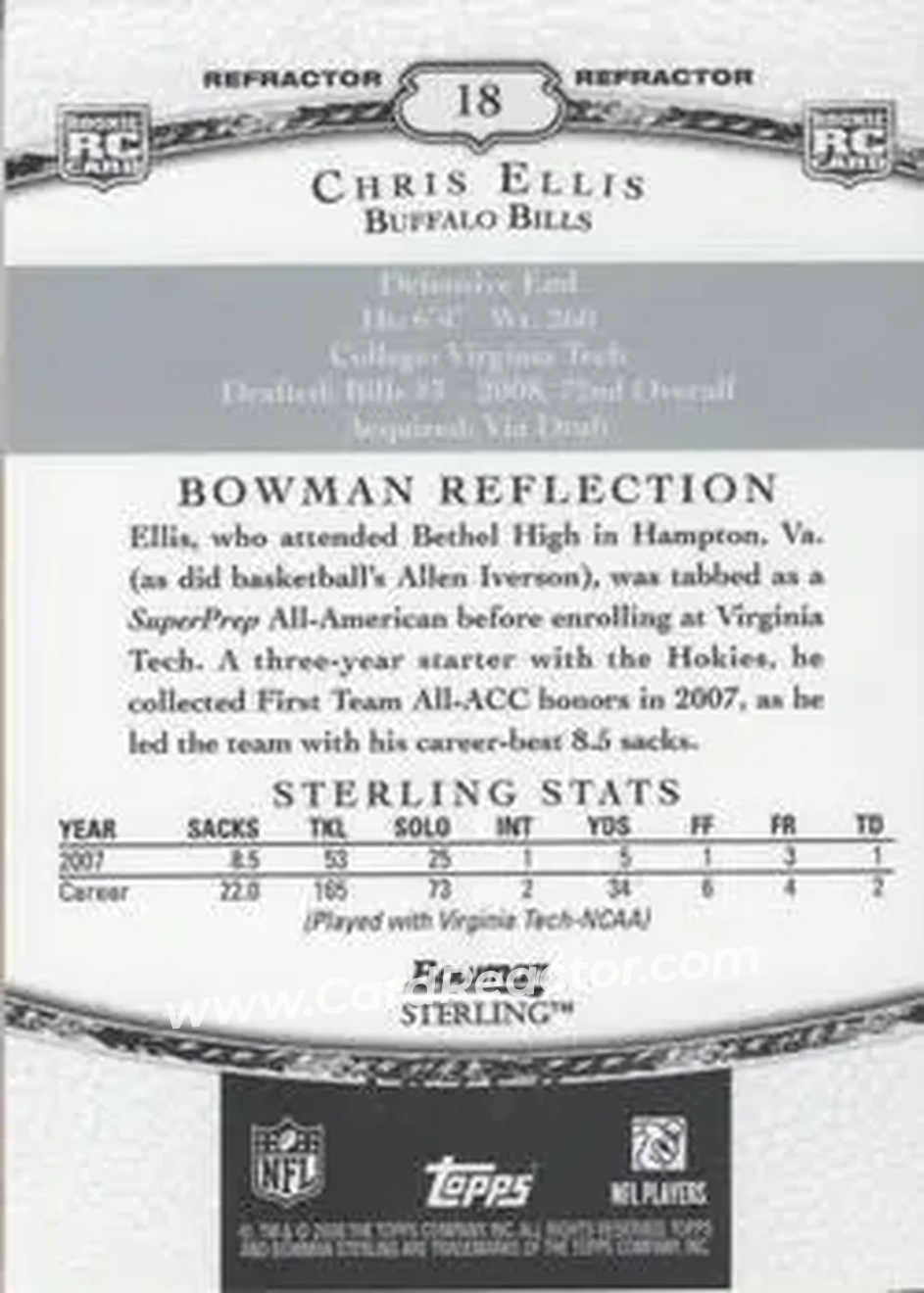 2008 Bowman Sterling - Black Refractors #18 - Chris Ellis - Buffalo Bills - Back