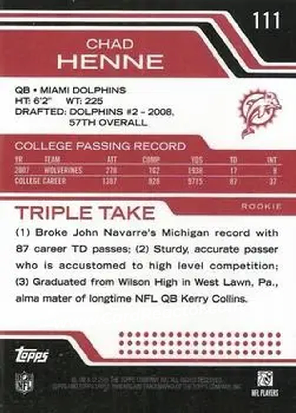 2008 Topps Triple Threads #111 - Chad Henne - Miami Dolphins - Back 2008 Topps Triple Threads #111 - Chad Henne - Miami Dolphins - Back