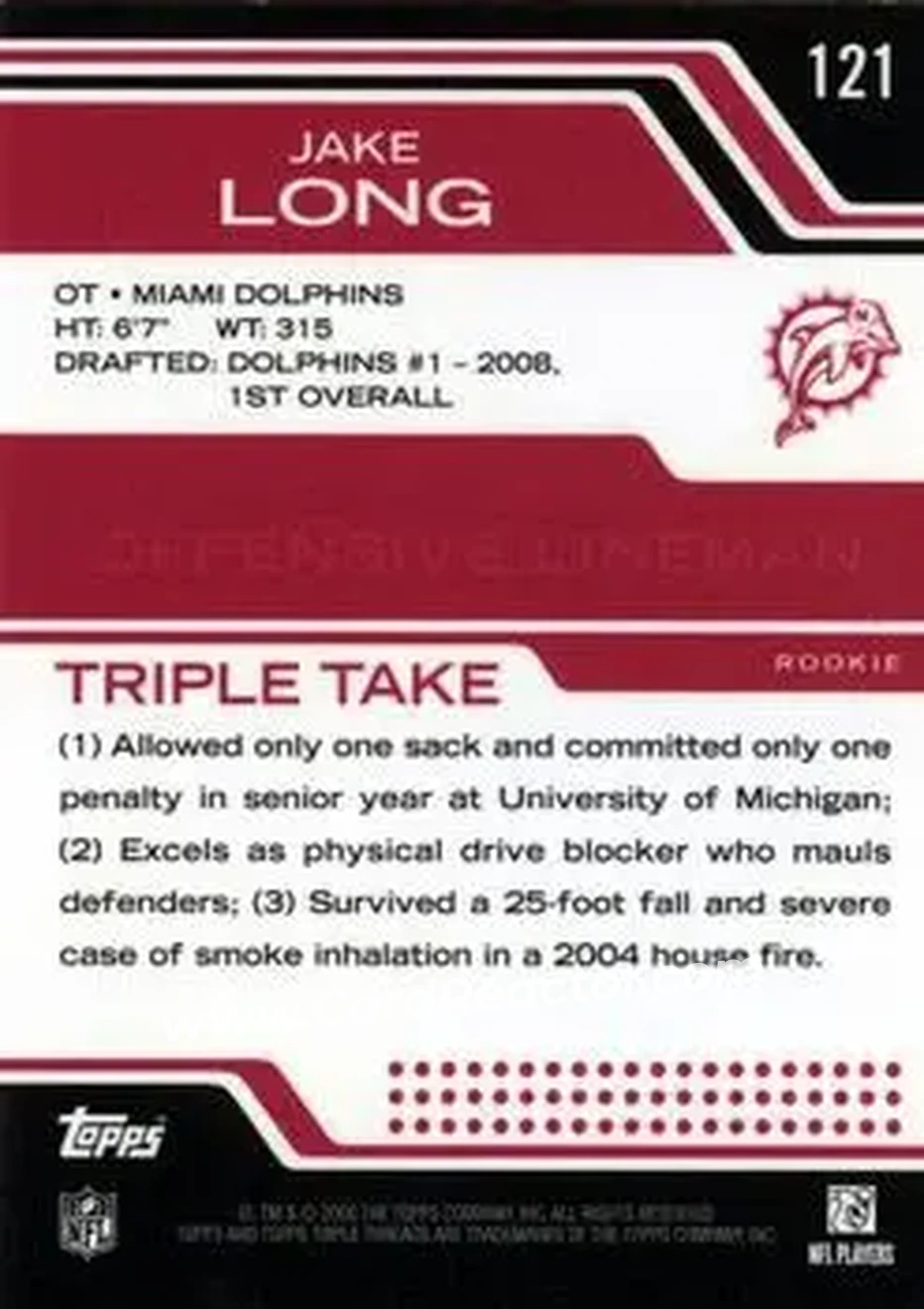 2008 Topps Triple Threads #121 - Jake Long - Miami Dolphins - Back