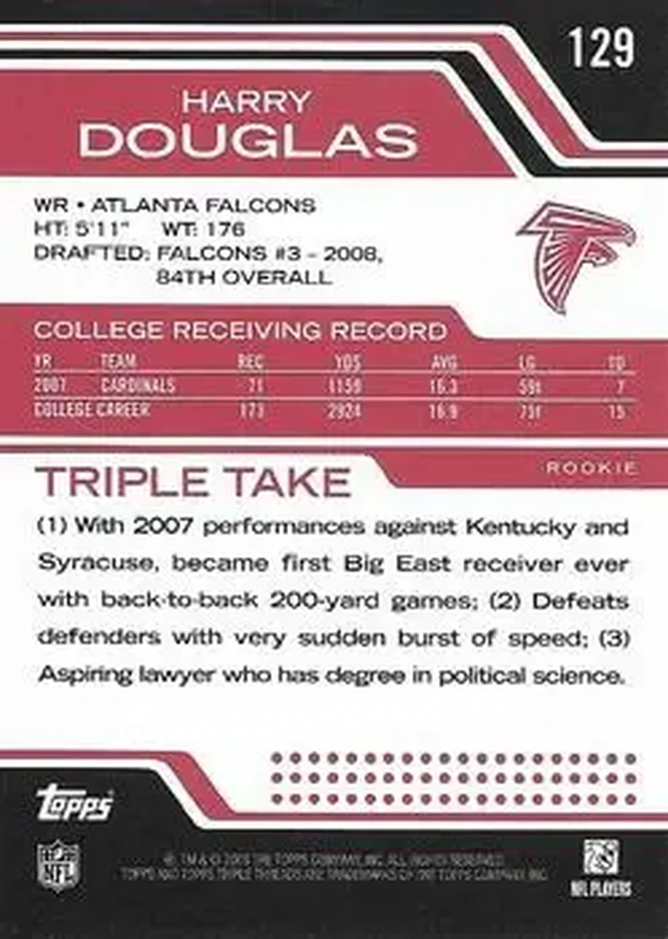 2008 Topps Triple Threads #129 - Harry Douglas - Atlanta Falcons - Back