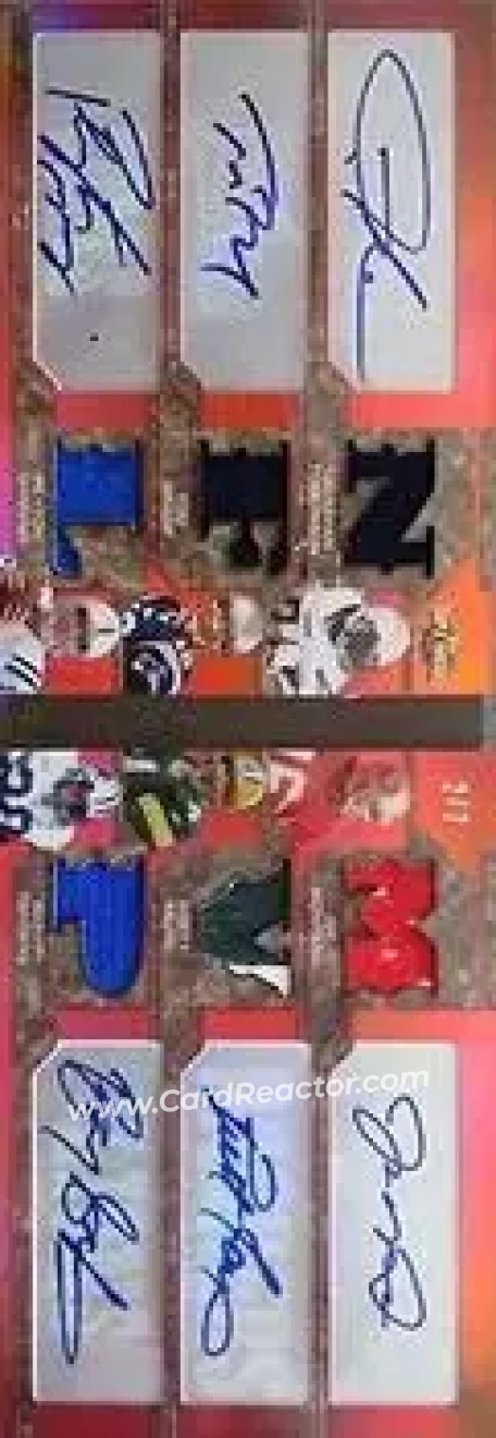 2008 Topps Triple Threads - Autographed Relic Double Combos Red #TTARDC1 - LaDainian Tomlinson - Tom Brady - Peyton Manning - Joe Montana - Brett Favre - Barry Sanders AU, MEM, SN2 - San Diego Chargers - New England Patriots - Indianapolis Colts - San Francisco 49ers - Green Bay Packers - Detroit Lions - Front