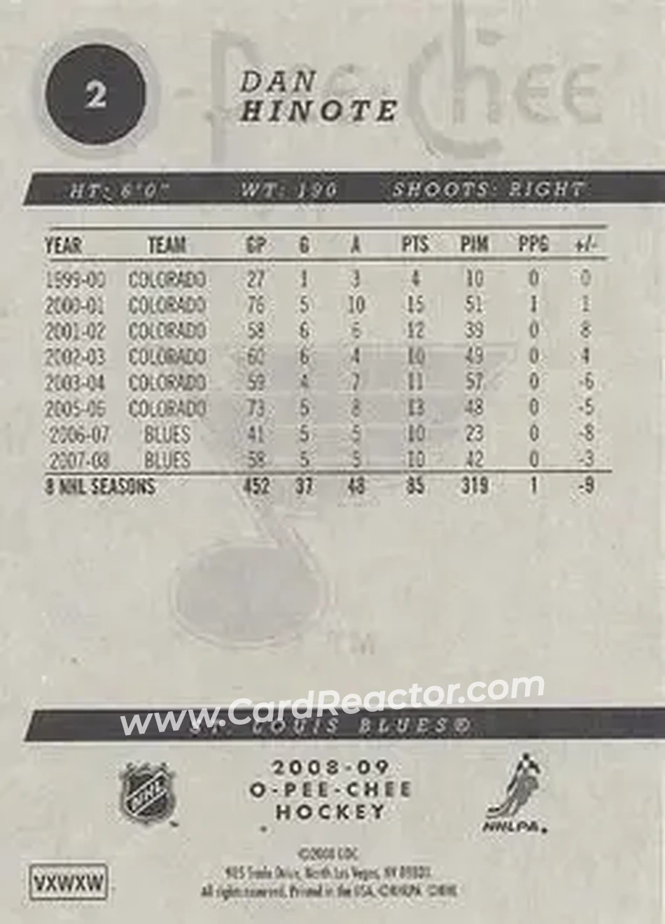 2008-09 O-Pee-Chee #2 - Dan Hinote - St. Louis Blues - Back