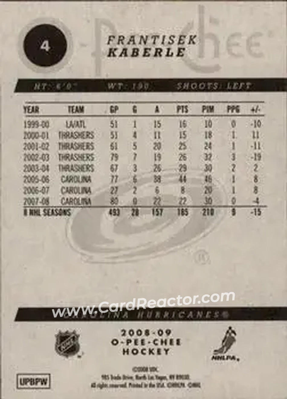 2008-09 O-Pee-Chee #4 - Frantisek Kaberle - Carolina Hurricanes - Back