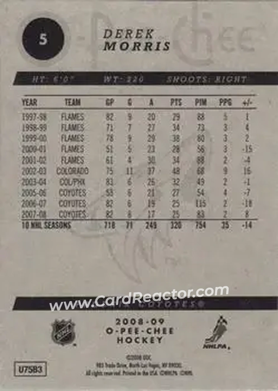 2008-09 O-Pee-Chee #5 - Derek Morris - Phoenix Coyotes - Back