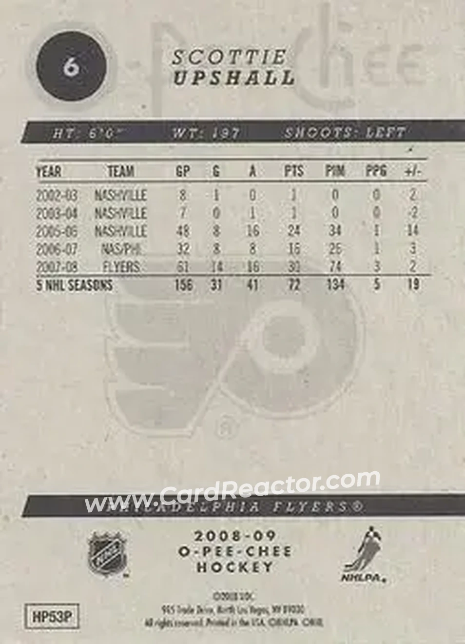 2008-09 O-Pee-Chee #6 - Scottie Upshall - Philadelphia Flyers - Back