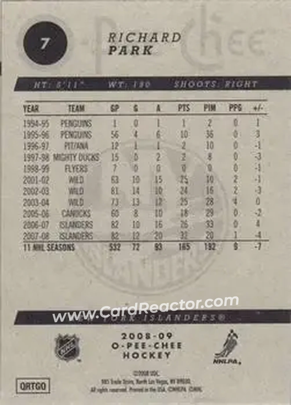 2008-09 O-Pee-Chee #7 - Richard Park - New York Islanders - Back
