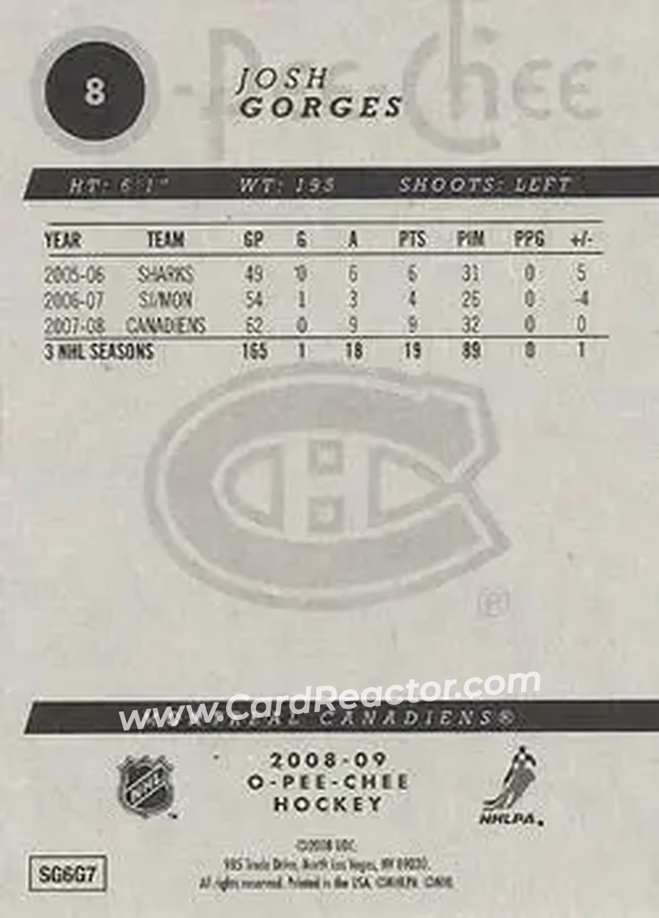2008-09 O-Pee-Chee #8 - Josh Gorges - Montreal Canadiens - Back