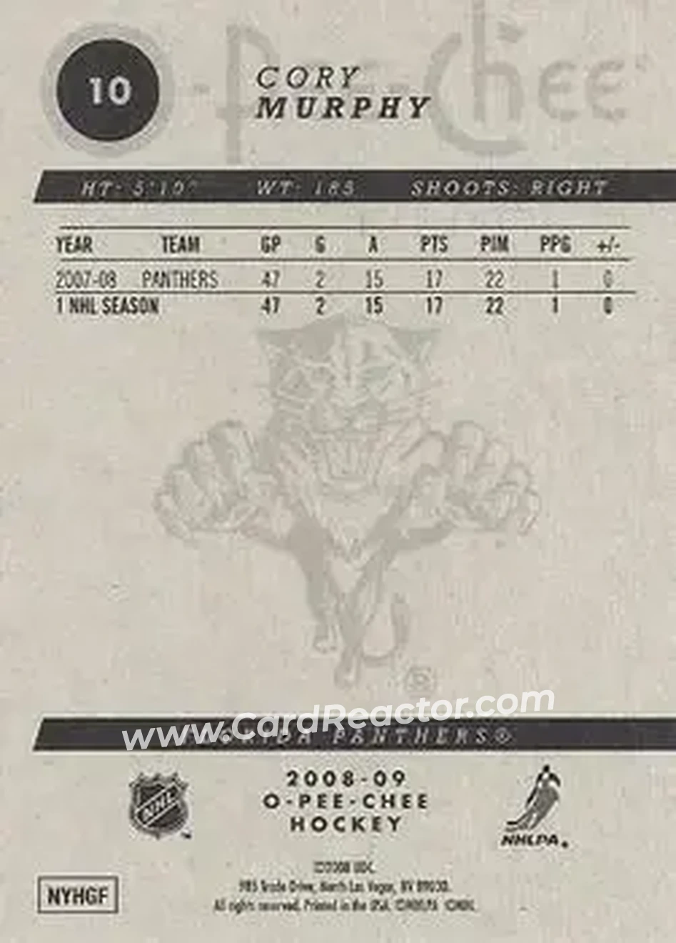 2008-09 O-Pee-Chee #10 - Cory Murphy - Florida Panthers - Back