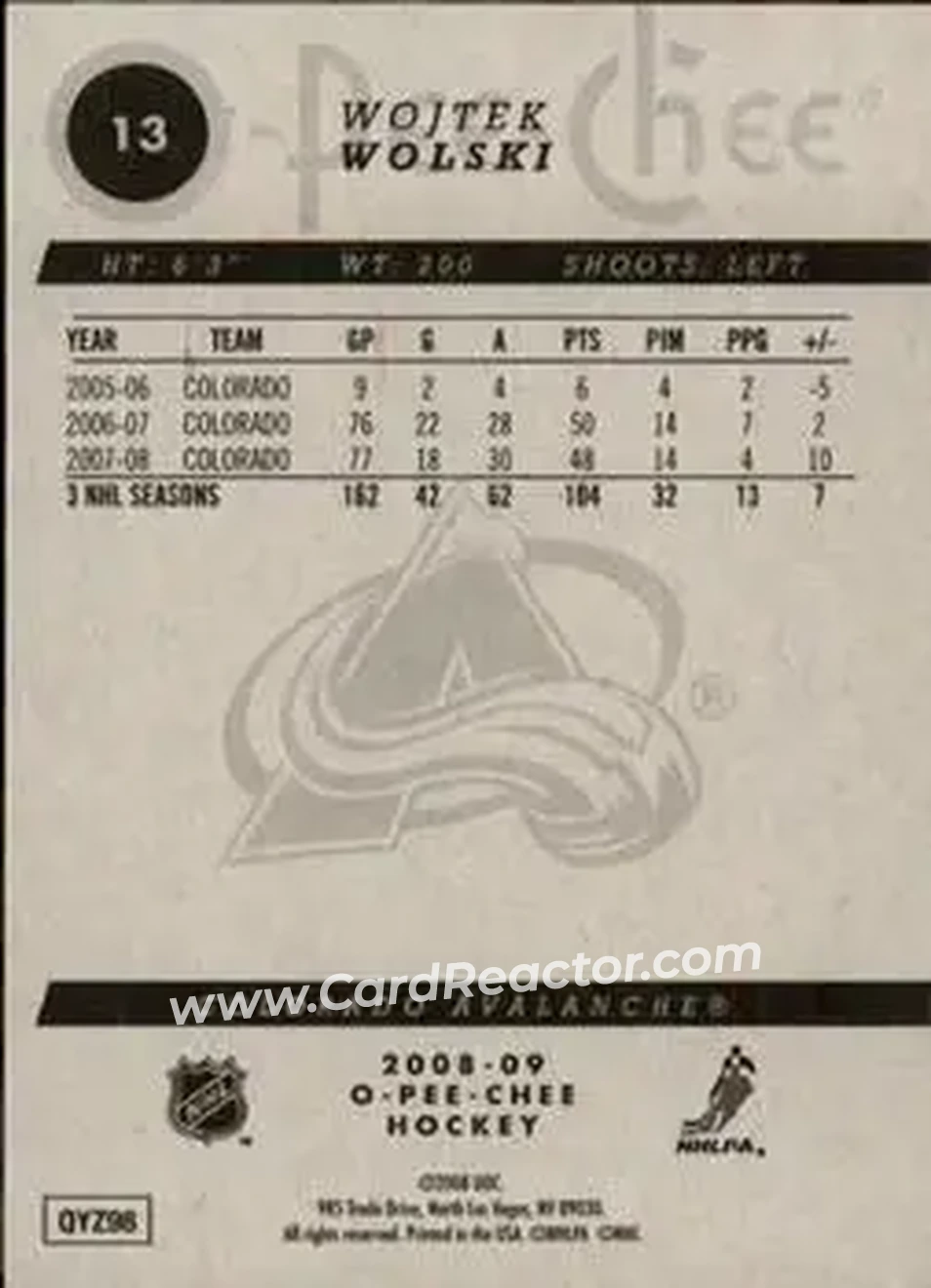 2008-09 O-Pee-Chee #13 - Wojtek Wolski - Colorado Avalanche - Back