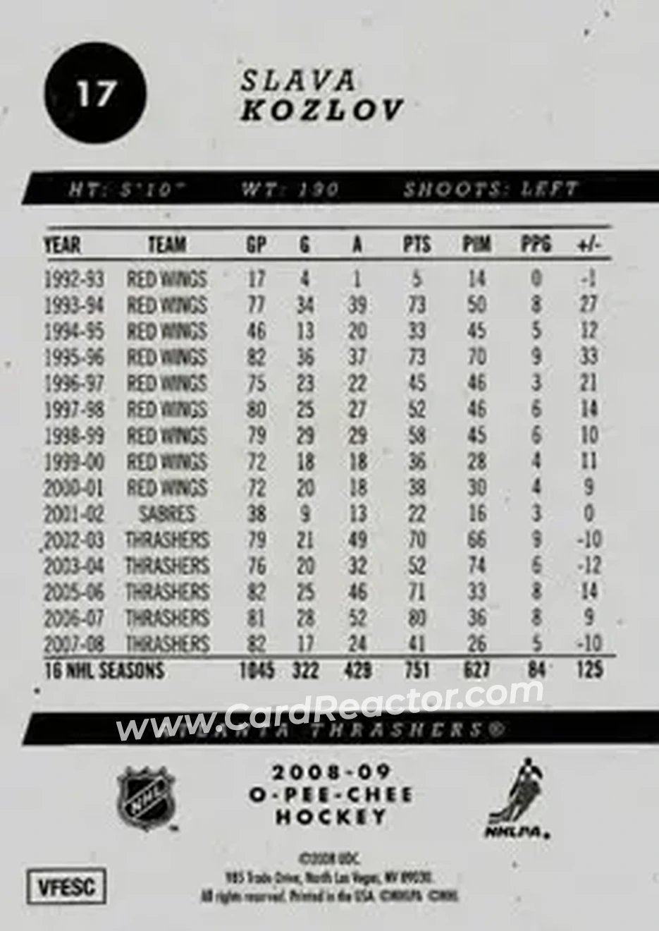 2008-09 O-Pee-Chee #17 - Slava Kozlov - Atlanta Thrashers - Back