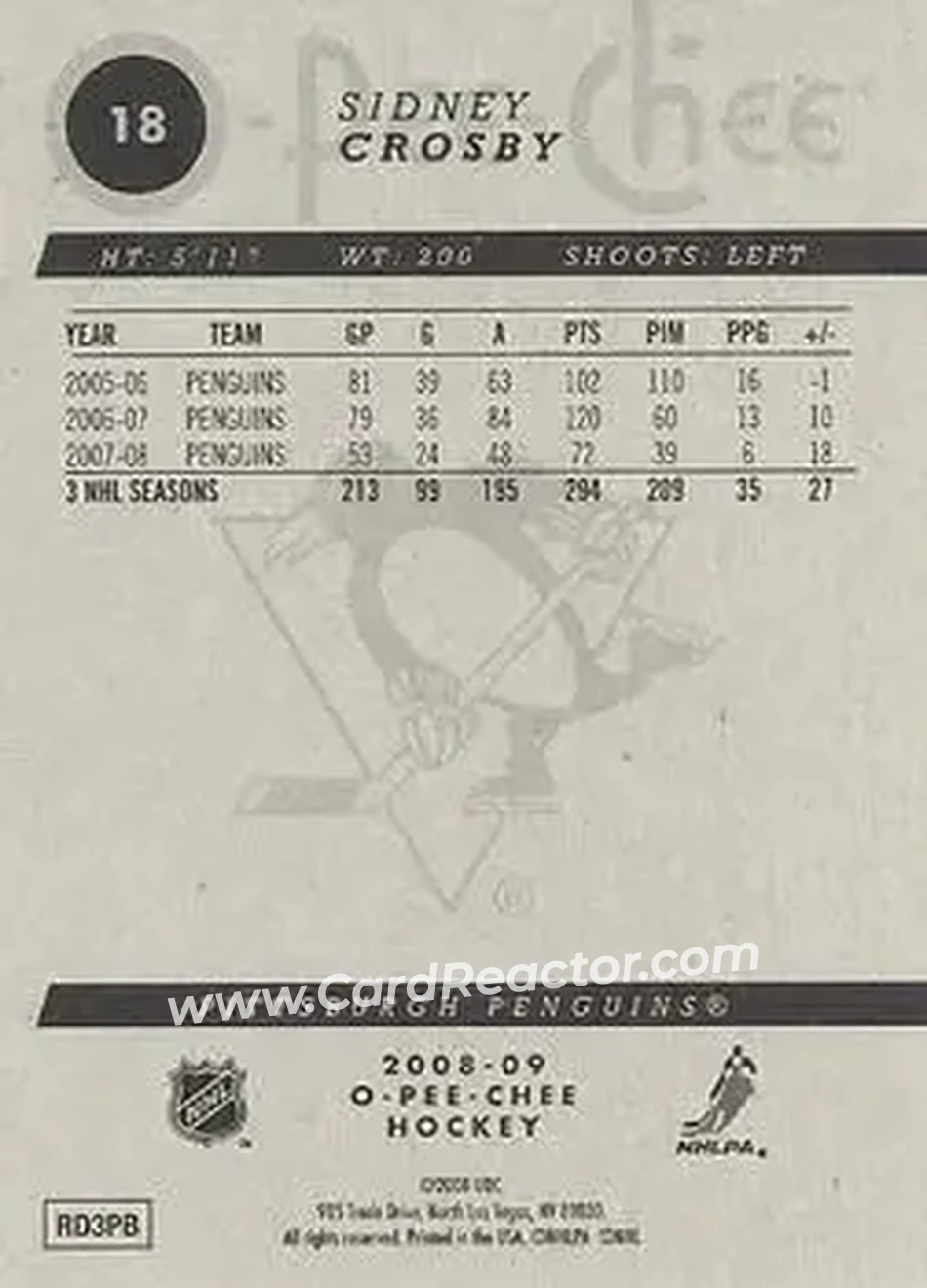2008-09 O-Pee-Chee #18 - Sidney Crosby - Pittsburgh Penguins - Back